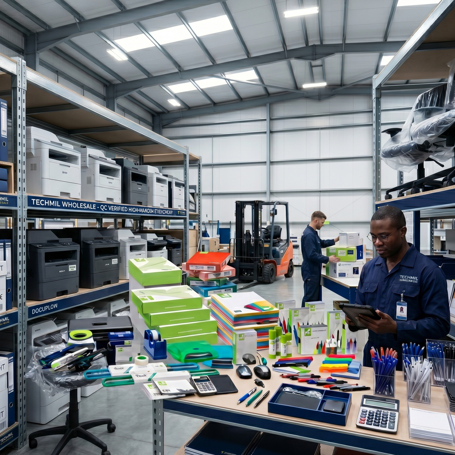 Bulk office equipment and professional stationery supplies for wholesale distribution in the UK. High-quality office hardware and stationery for business resellers - Techmil Wholesale.
