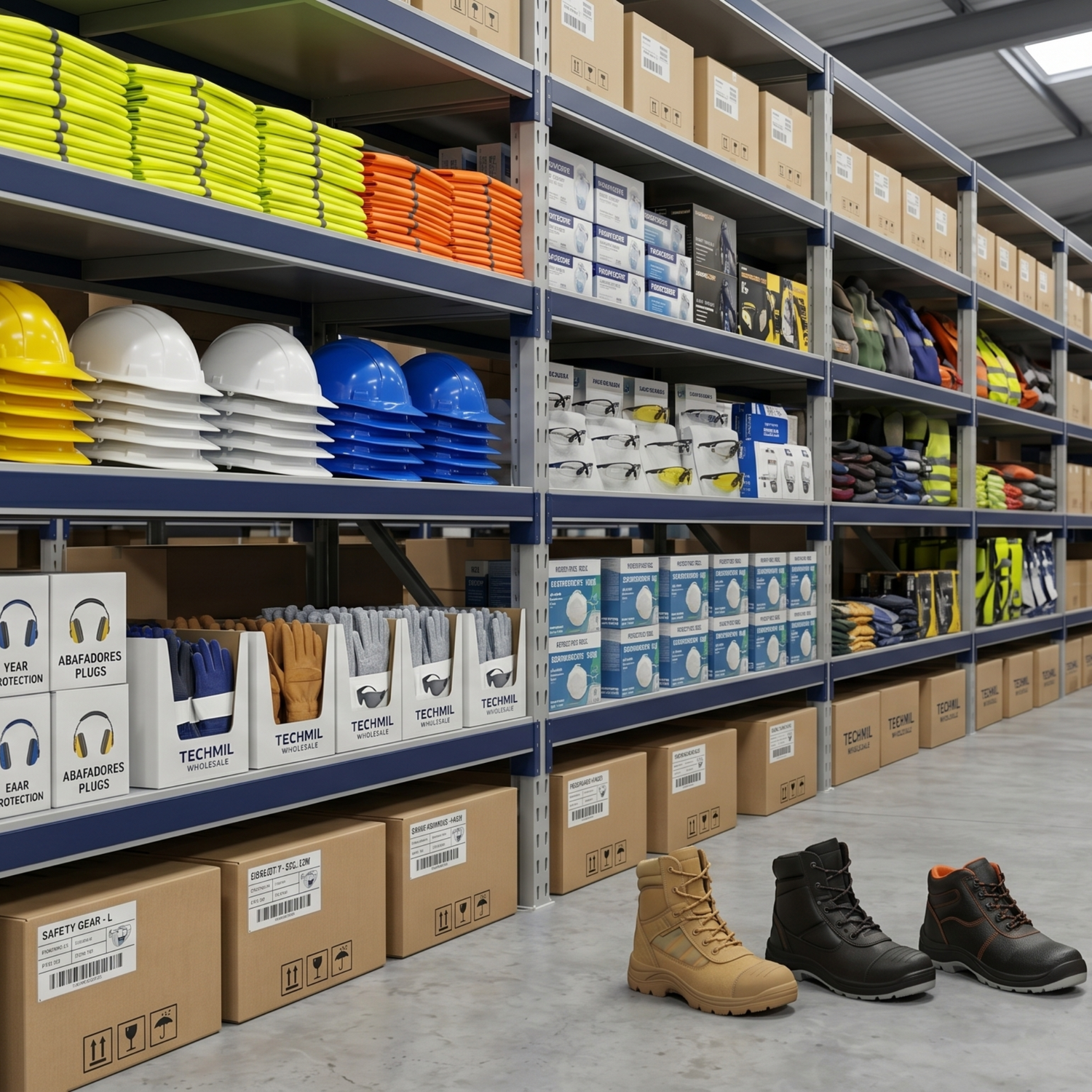 Bulk PPE and safety equipment for UK businesses. Wholesale safety boots, high-visibility vests, protective gloves, and safety eyewear ready for professional B2B distribution - Techmil Wholesale Specialists.