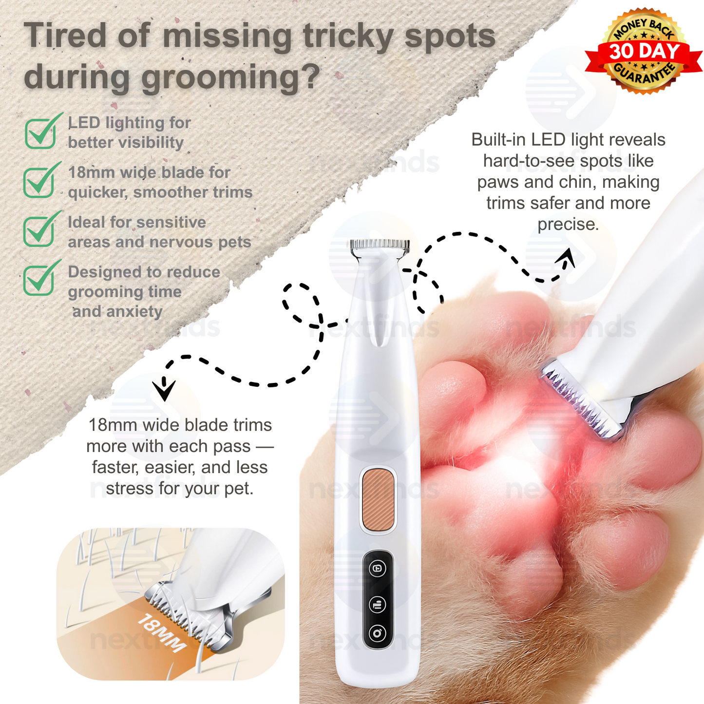 Pet Dog Electric Groomer Trimmer LED Waterproof Pet Foot Hair Cat Dog Paw Shaver