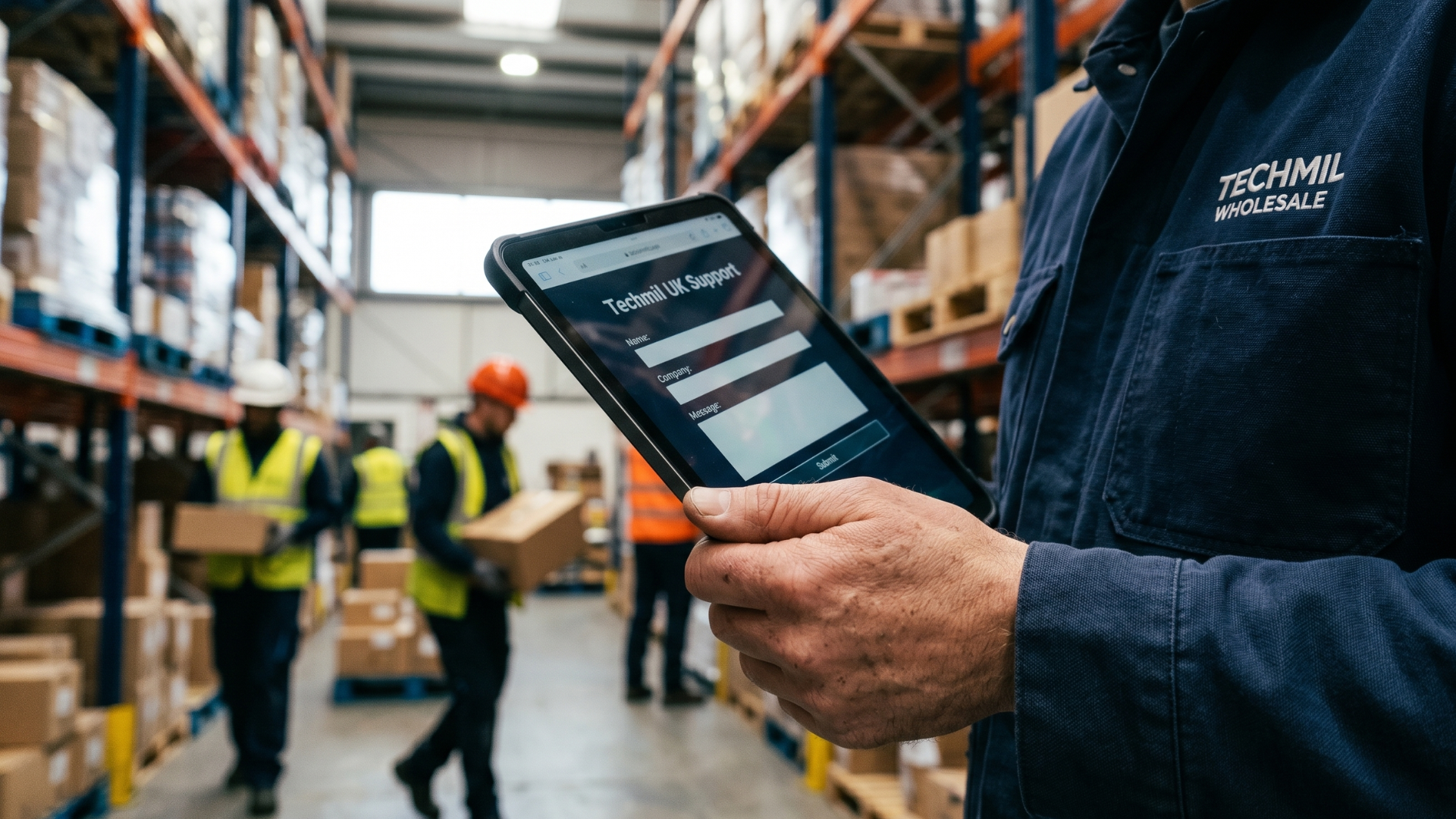 Candid professional photograph of hands holding a tablet displaying the Techmil B2B contact form and profit calculator widget inside a busy, modern UK distribution centre. Techmil is the premier wholesale logistics partner for UK Amazon and eBay resellers, offering streamlined sourcing with no trade approval required.